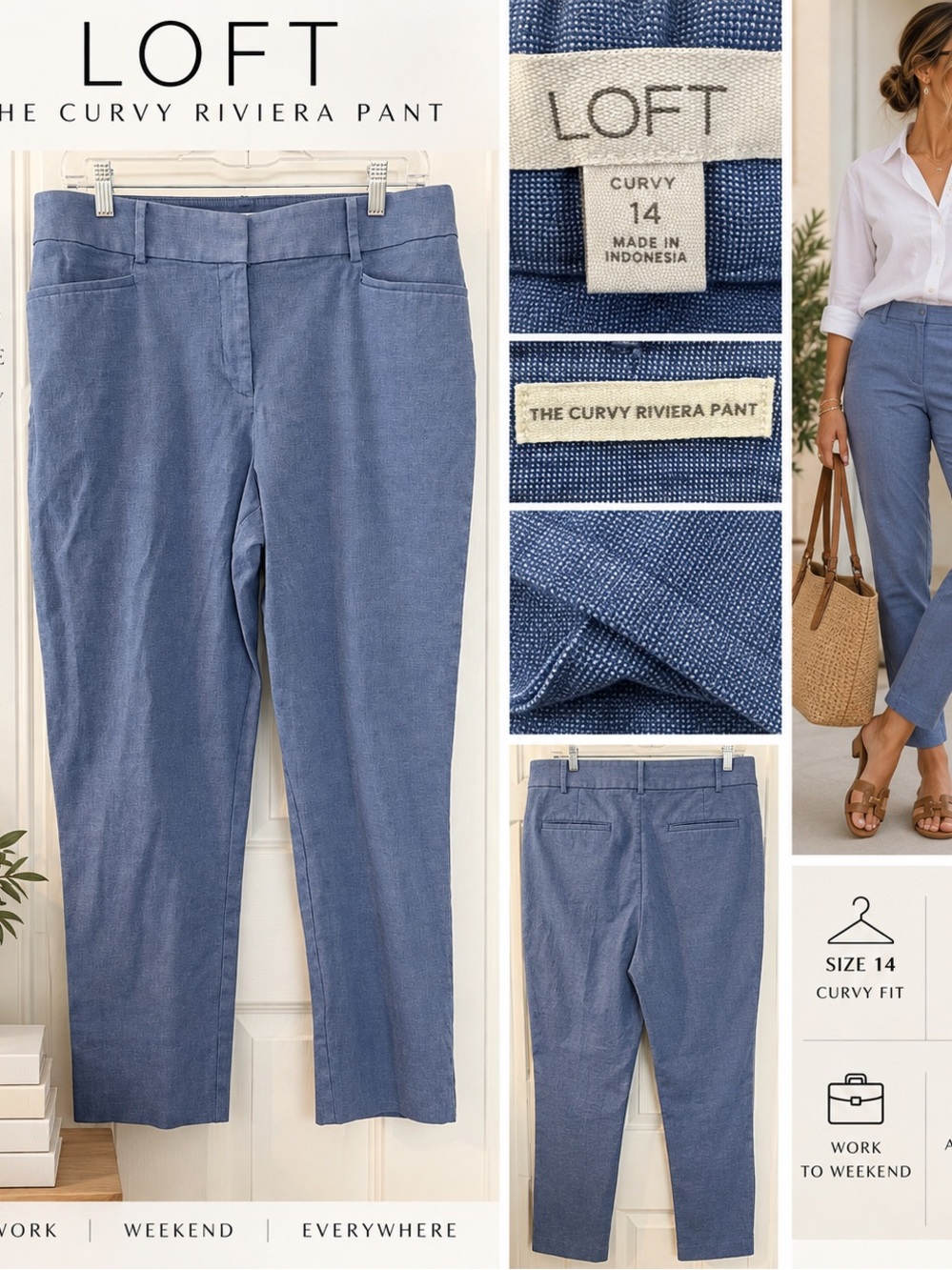 LOFT The Curvy Riviera Pants Size 14 Blue Slim Ankle Career Work Pants